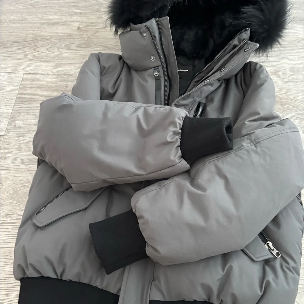 Mackage Gray Bomber Jacket with Black Fur Trim - Picture 4 of 8